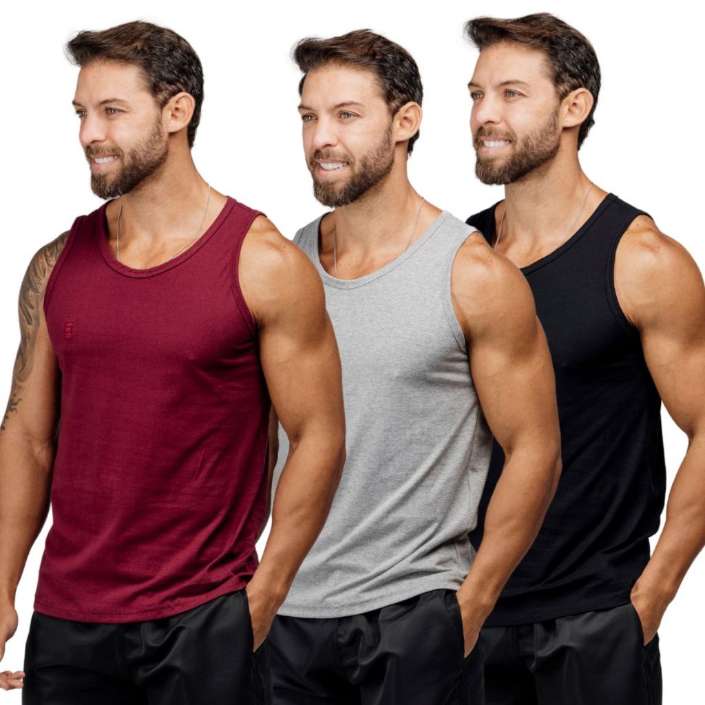 Kit 3 Camiseta Masculina Algodão Regatas Camisa Basica Lisa