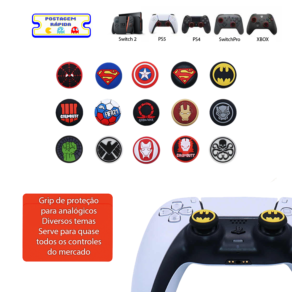 Par de Grip Analógico Gamer  Temas de Heróis e Jogos  Switch 2 / PS4 / PS5 / Xbox / Switch Pro