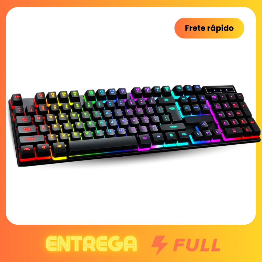 Teclado Gamer Semi Mecânico com Fio Preto Led RGB Abnt2 Qwerty Português Rainbow Ergonômico FULL