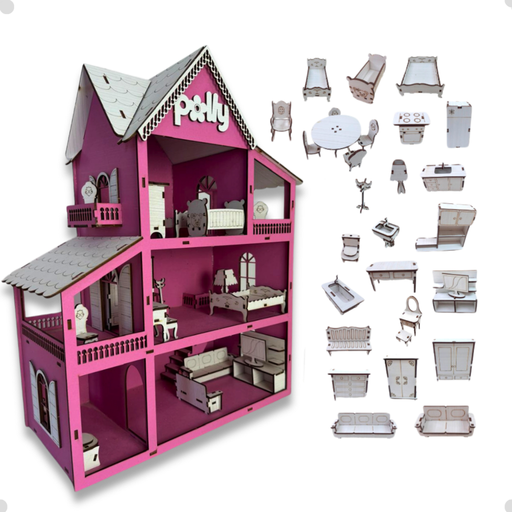 Casinha Para Boneca + 30 Móveis 57x45cm Casa em mdf para Bonecas Casinha polly – Completa