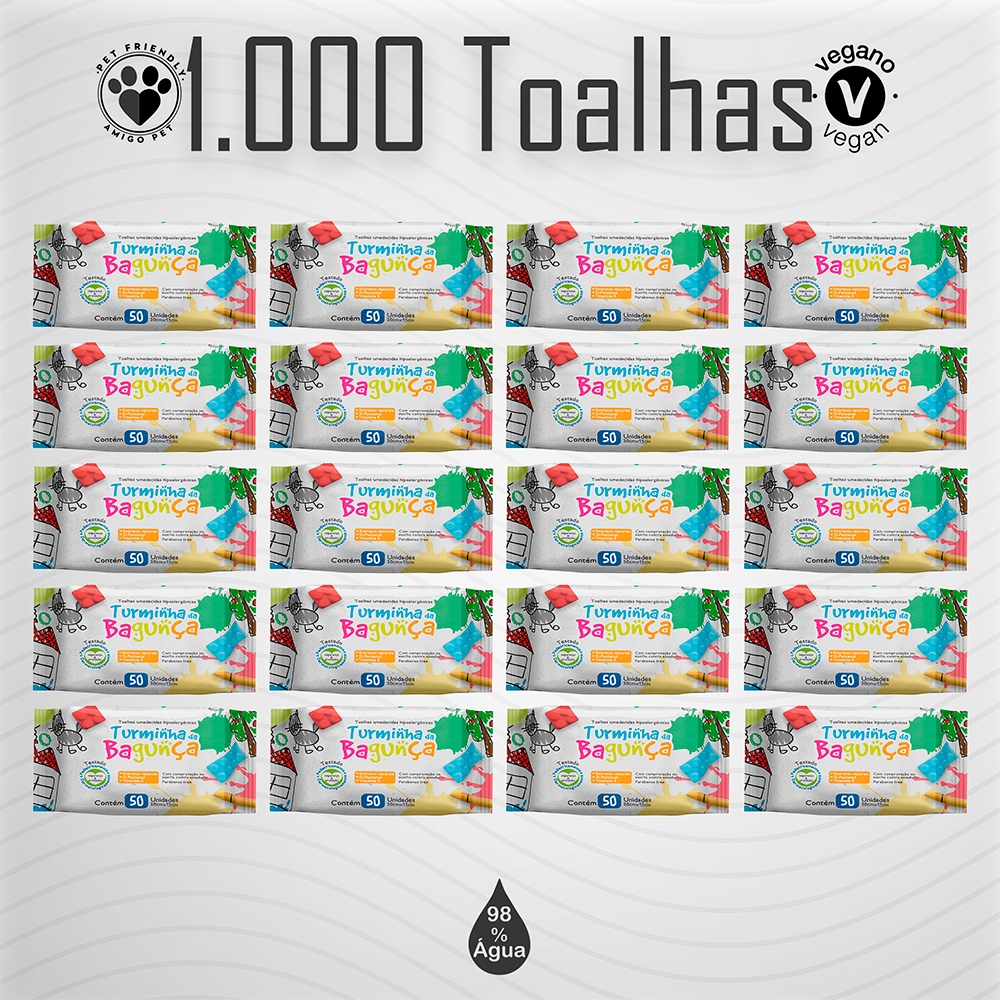 Kit 20 Toalhas Umedecidas Turminha da Bagunça 50 Folhas 98% Água