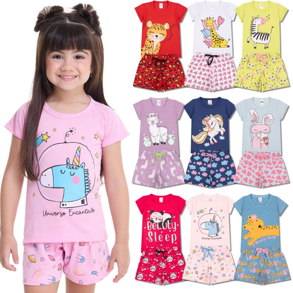 Kit 6 Peças de Pijamas Infantis para Meninas Confortáveis e Cheios de Estilo – 3 Pijamas para Menina