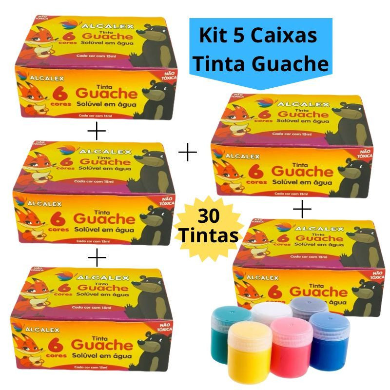 Kit 5 Caixas Tinta Guache 15ml Caixa Com 6 Cores Diferentes 30 Tintas Infantil Escolar Alcalex