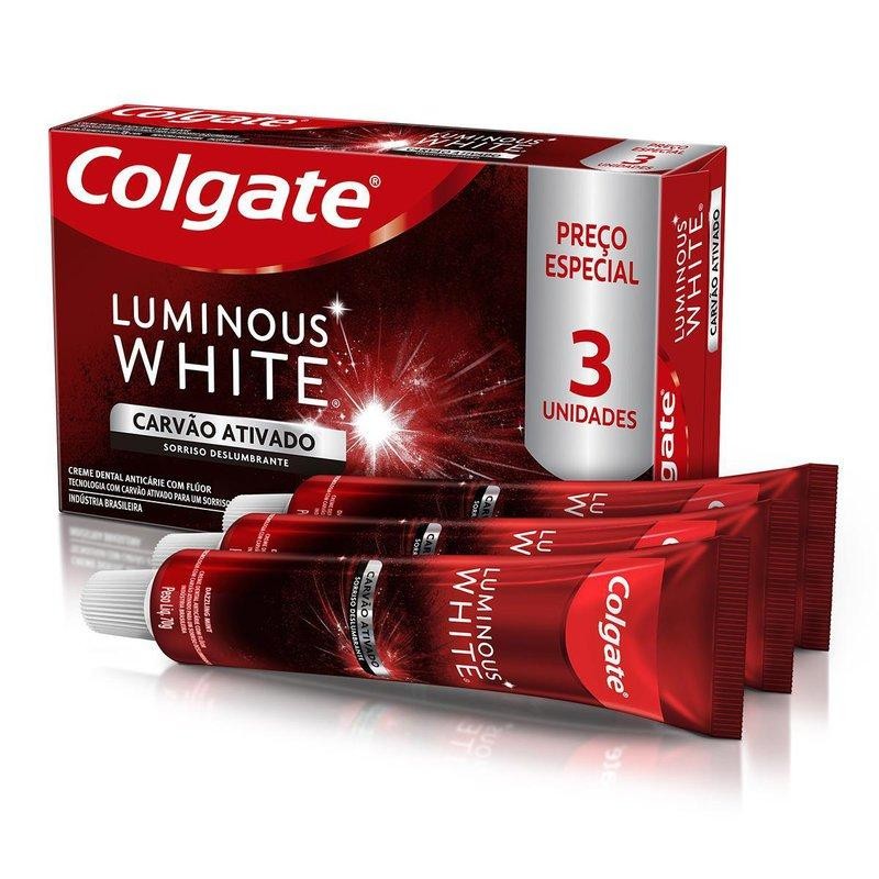 kit Creme Dental Clareador Colgate Luminous White Carvão Ativado 3 Unidades 70g Cada