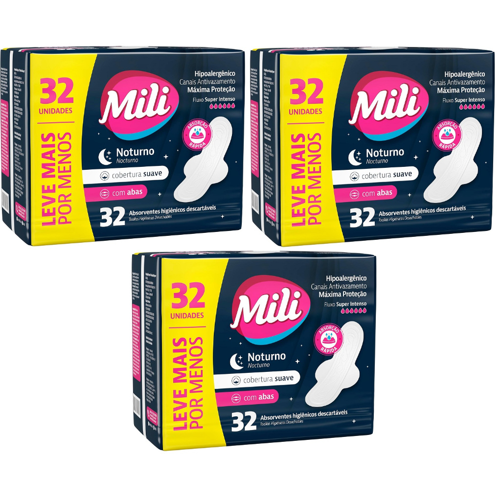 Kit 3 Pacotes Absorvente Mili Noturno Suave c/abas – 32un cada -Total 96un