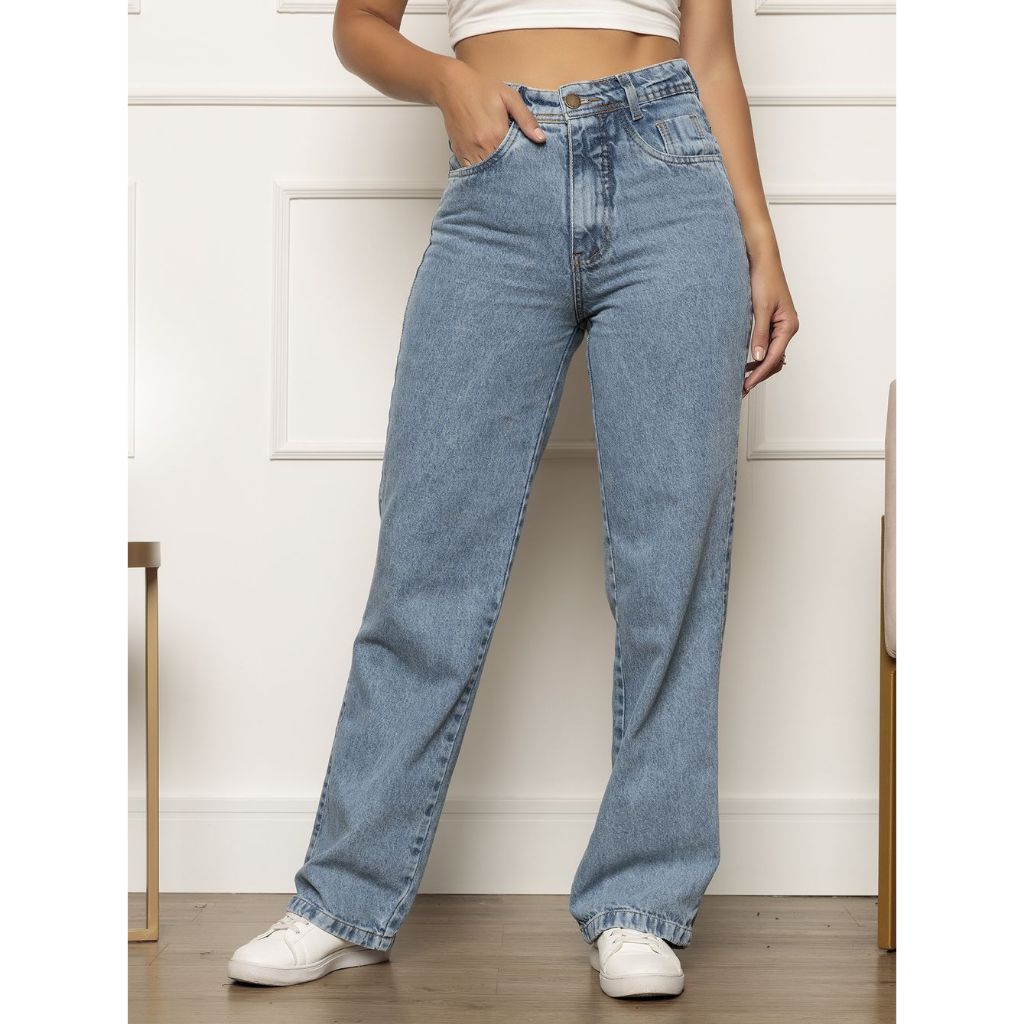 Calça Jeans Feminina Wide Leg Pantalona sem Lycra Marmorizada Cintura Alta Boca Larga Confortável
