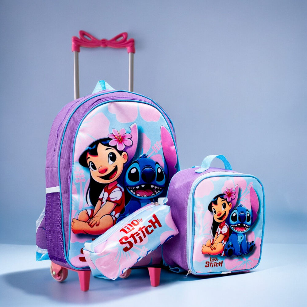 Kit Mochila Infantil Rodinha Feminina Lilo e Stitch Escolar + Lancheira Termica + Estojo Envio Imedi