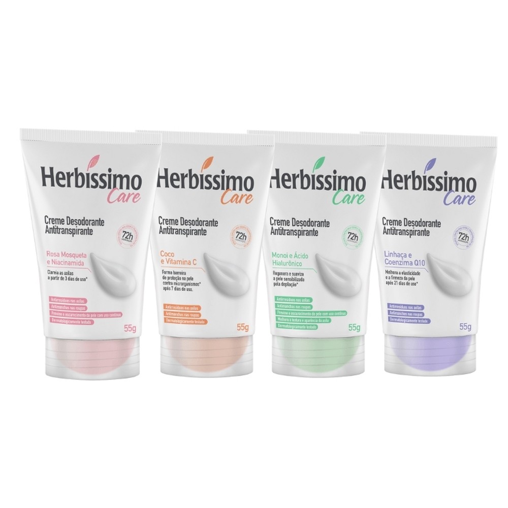 Kit 4 itens – Desodorante Creme Antitranspirante Herbíssimo Care Bisnaga | Rosa Mosqueta + Monoí + C