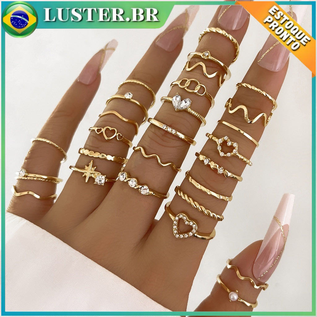 Conjunto de 28 peças de anéis simples e finos ondulados, anéis geométricos de coração, acessórios fe