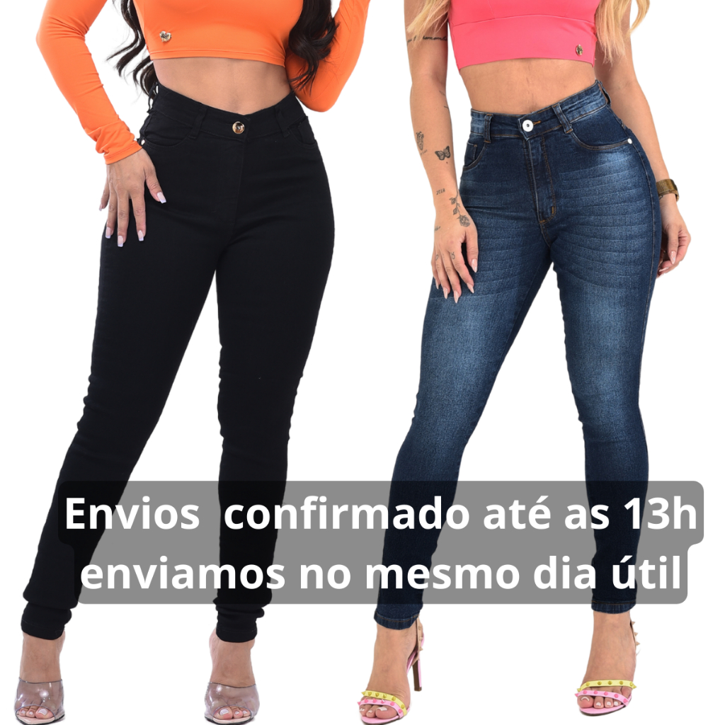 Kit 2 Calças Feminina Promoção Cintura Alta Lycra Elastano Premium Cós Alto Modelagem Levanta Bumbum