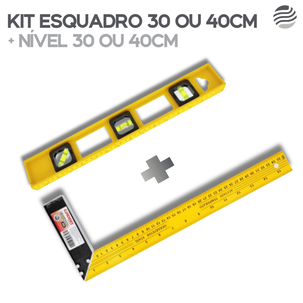Kit Esquadro + Nível Profissional Polímetro | Régua Carpinteiro Pedreiro Metálico em Aço 30 ou 40cm