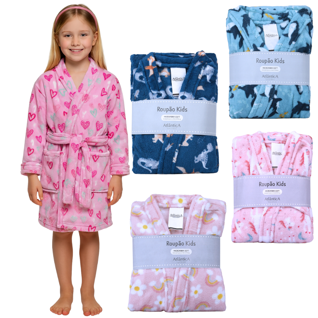 Roupão Infantil Microfibra Quentinho Menina Menino Manga Longa 04 A 14 Anos Fofinho Dias e Noites Fr