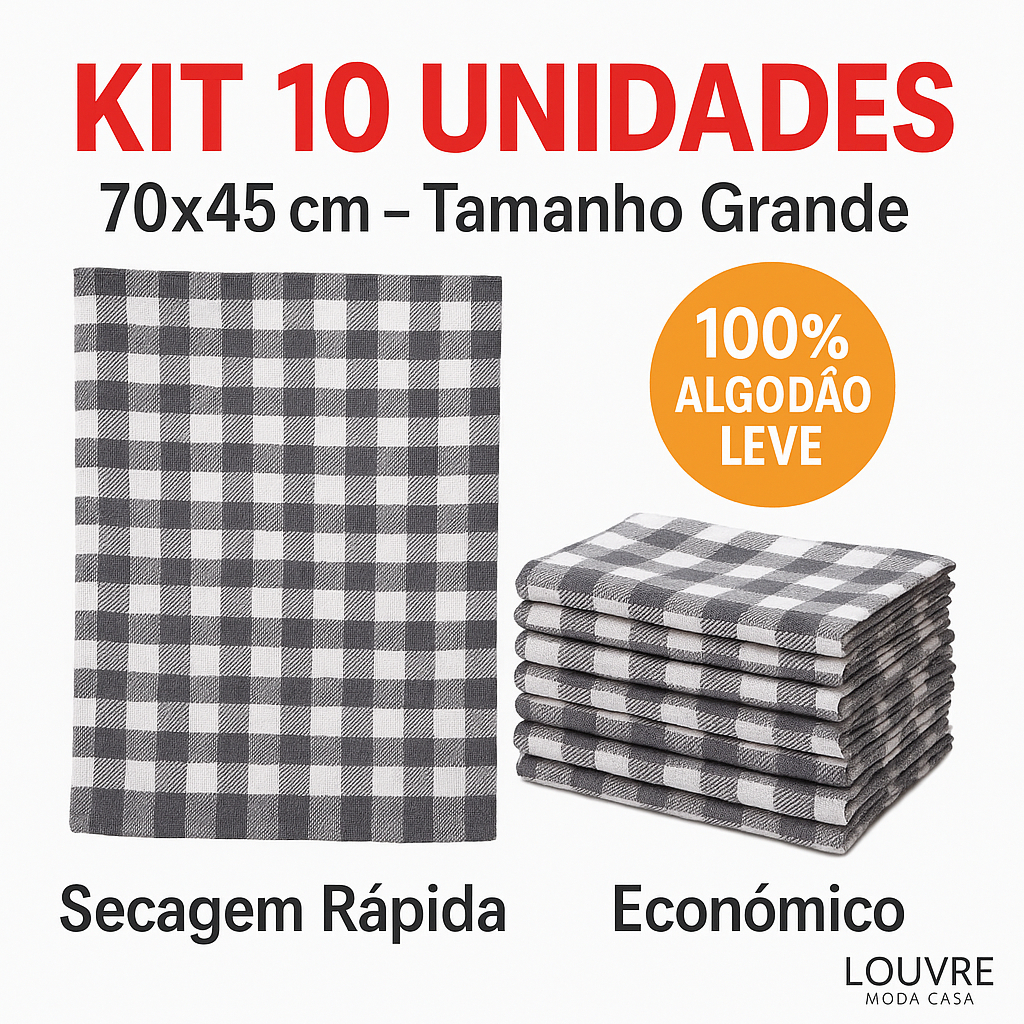 Kit 10 Panos de Chão Xadrez Grande 70x45cm Atacado 100% Algodão Absorvente Econômico Multiuso