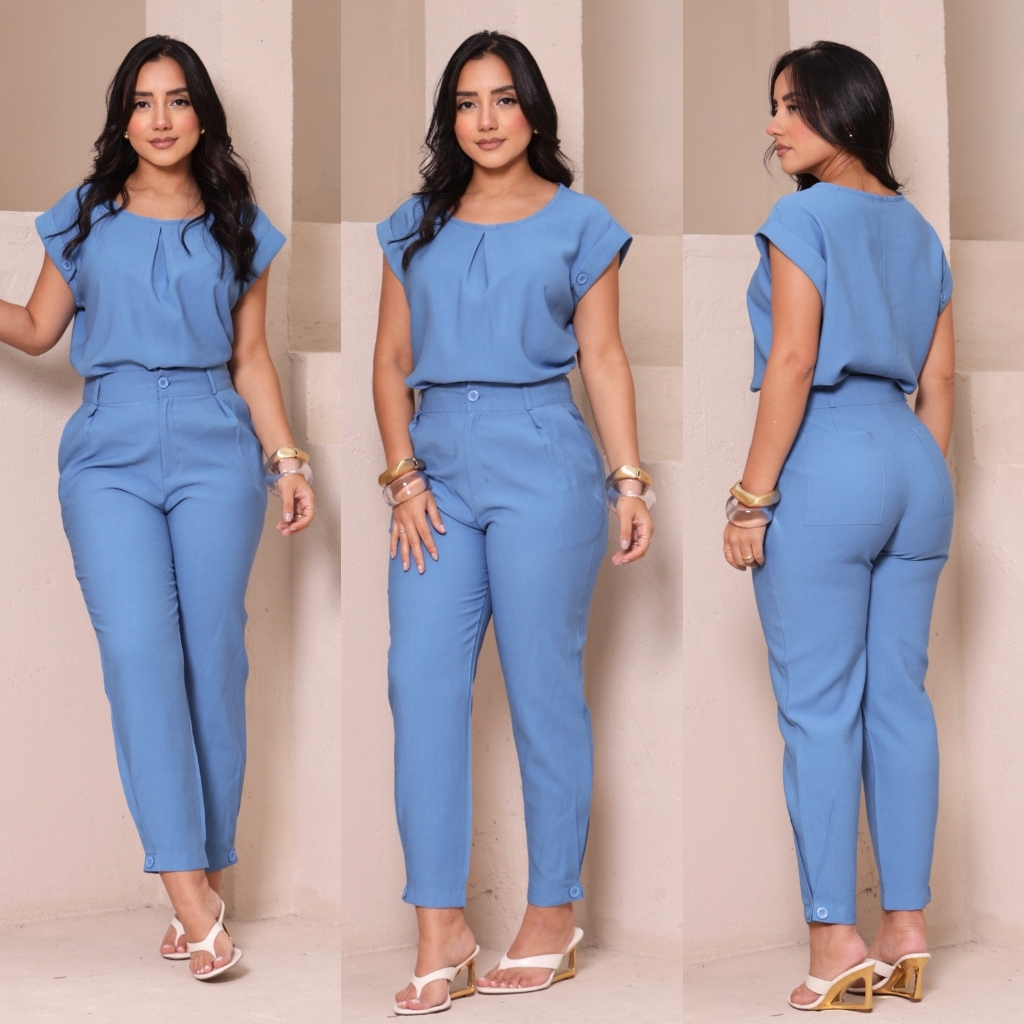 Conjunto Feminino Blusa Com Botões E Calça Cintura Alta Alfaiataria Reta Moda Casual Executiva