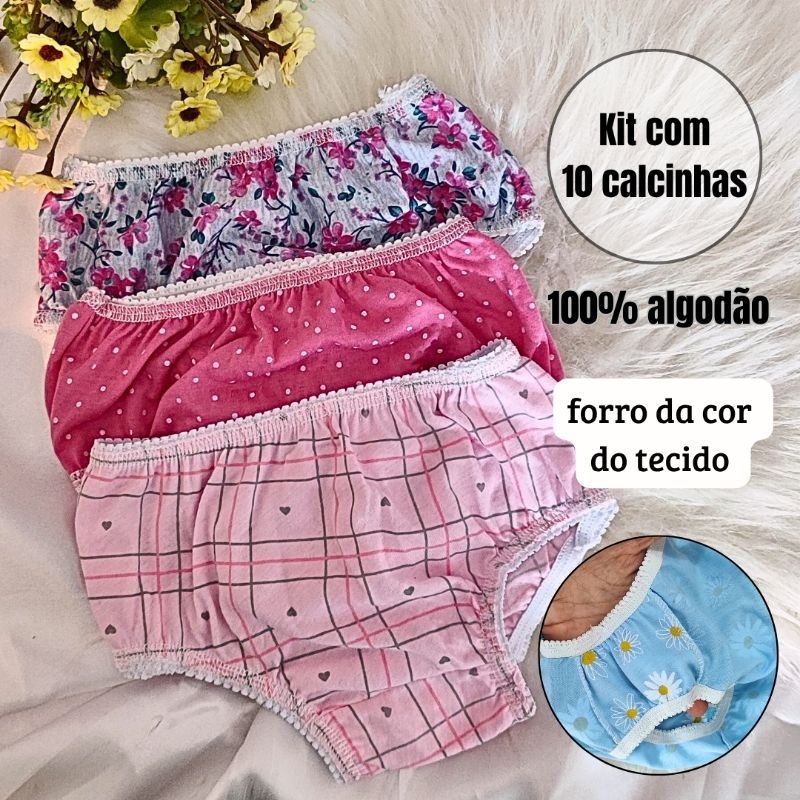 Kit 5 10 20 Calcinhas Infantis Algodão Lisa e Estampada Confortável