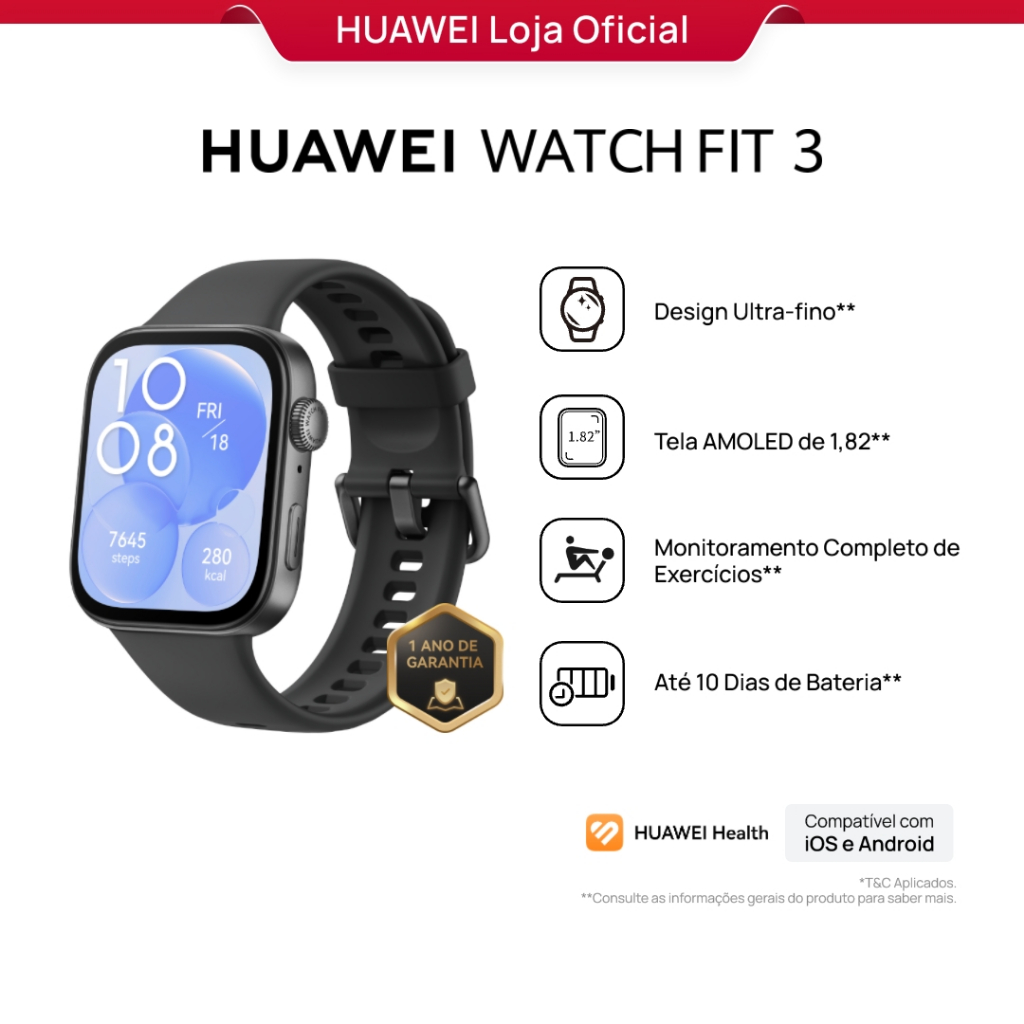 HUAWEI WATCH FIT 3 | Smartwatch Relogio | Monitoramento Completo de Exercícios