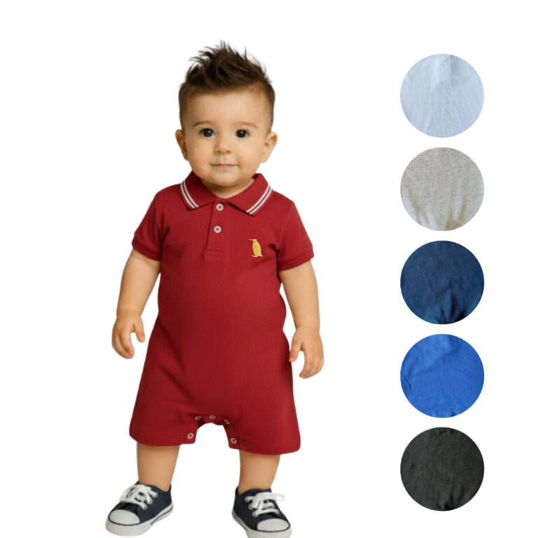 Macacão Curto Bebê Menino Romper Gola Polo de Cr