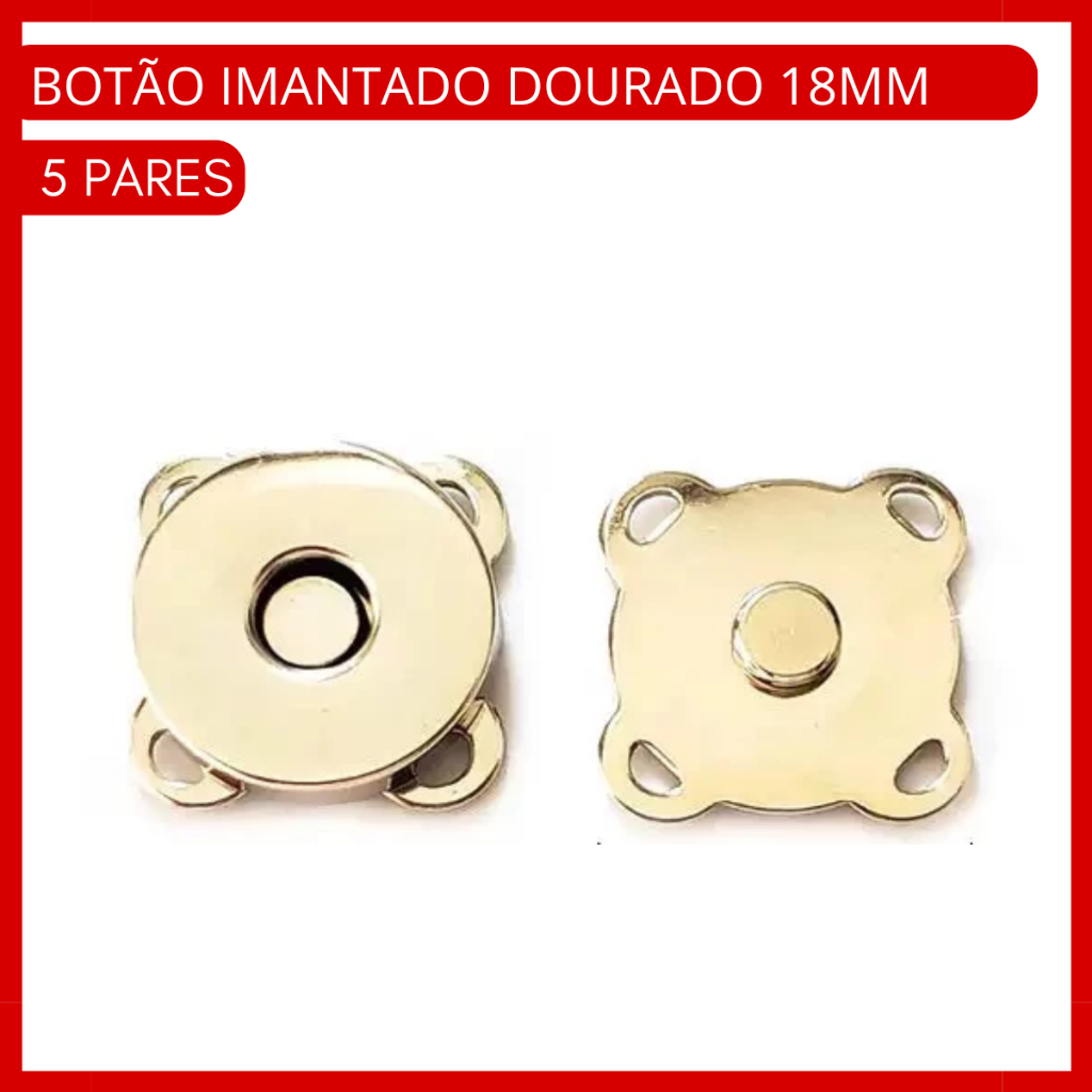 Kit 5 Botões Imantado Magnético Fecho P/ Bolsa cor Dourado 18mm Imã