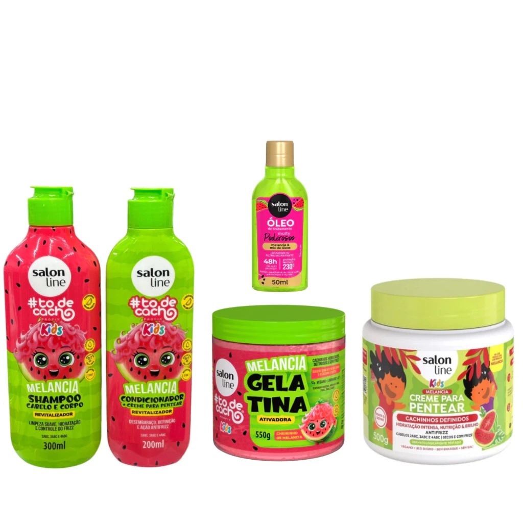 Kit Salon Line Kids #todecacho Shampoo, Condicionador, Gelatina, Óleo e Creme Pentear Melancia