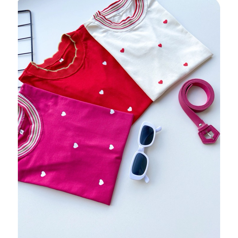 Blusa Camiseta Babylook T-shirt Gola Lurex Algodão Poa Coração