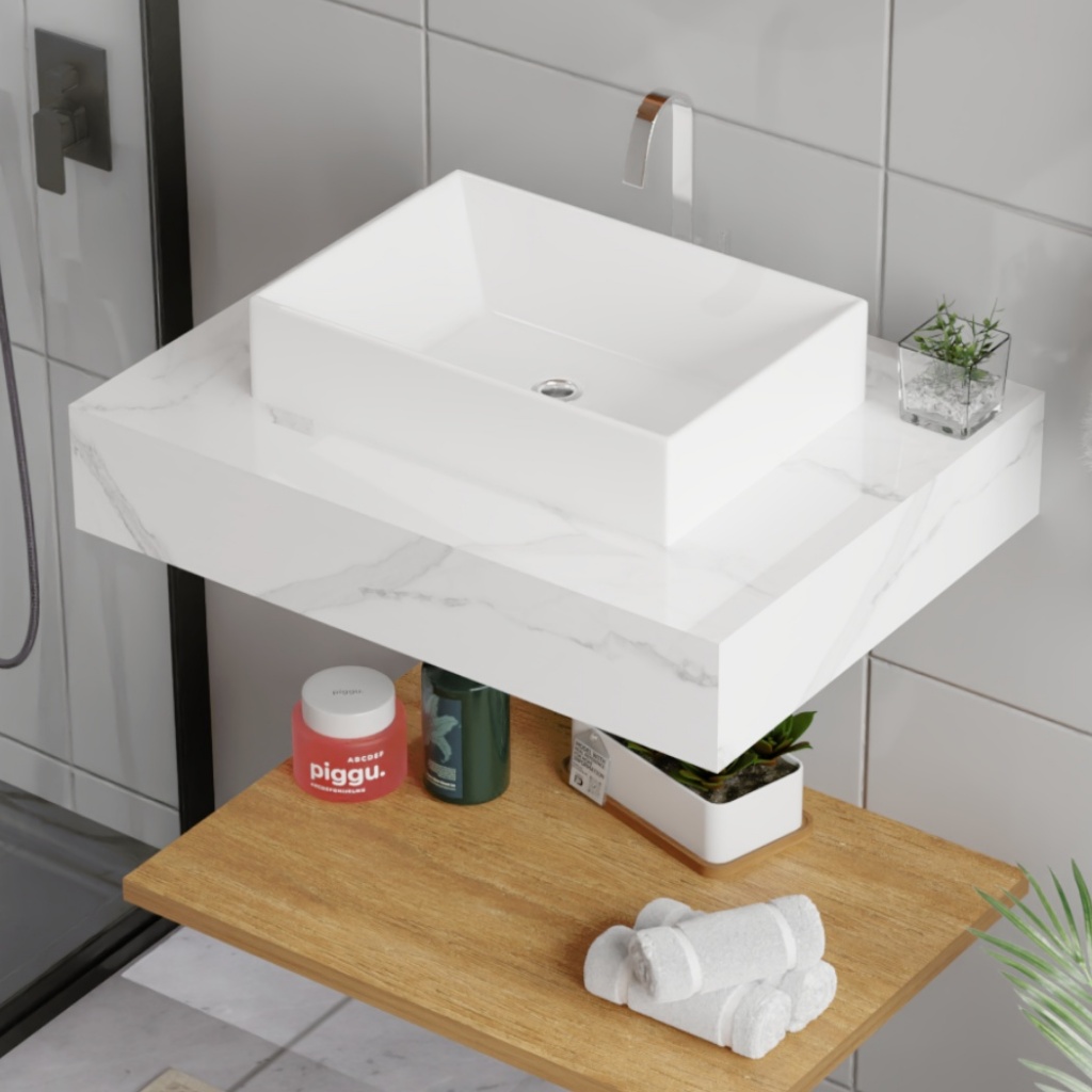 Bancada de Porcelanato Com Cuba de Apoio e Kit de Instalação Elite 62×40 Calacata Cuba Branca Mellst