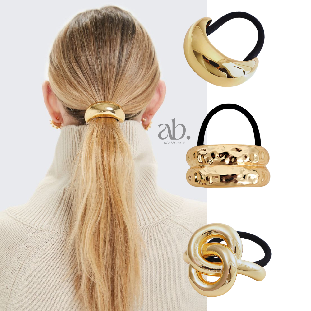Acessórios de Cabelo Dourado Xuxa Elástico Elegante Luxo Feminino Amarrador Prendedor Metálico