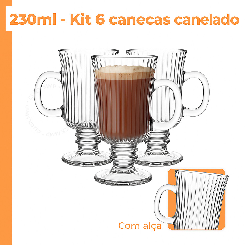 Conjunto 6 Canecas Caneladas Capuccino Dolce Gusto De Vidro Elegante 230ml