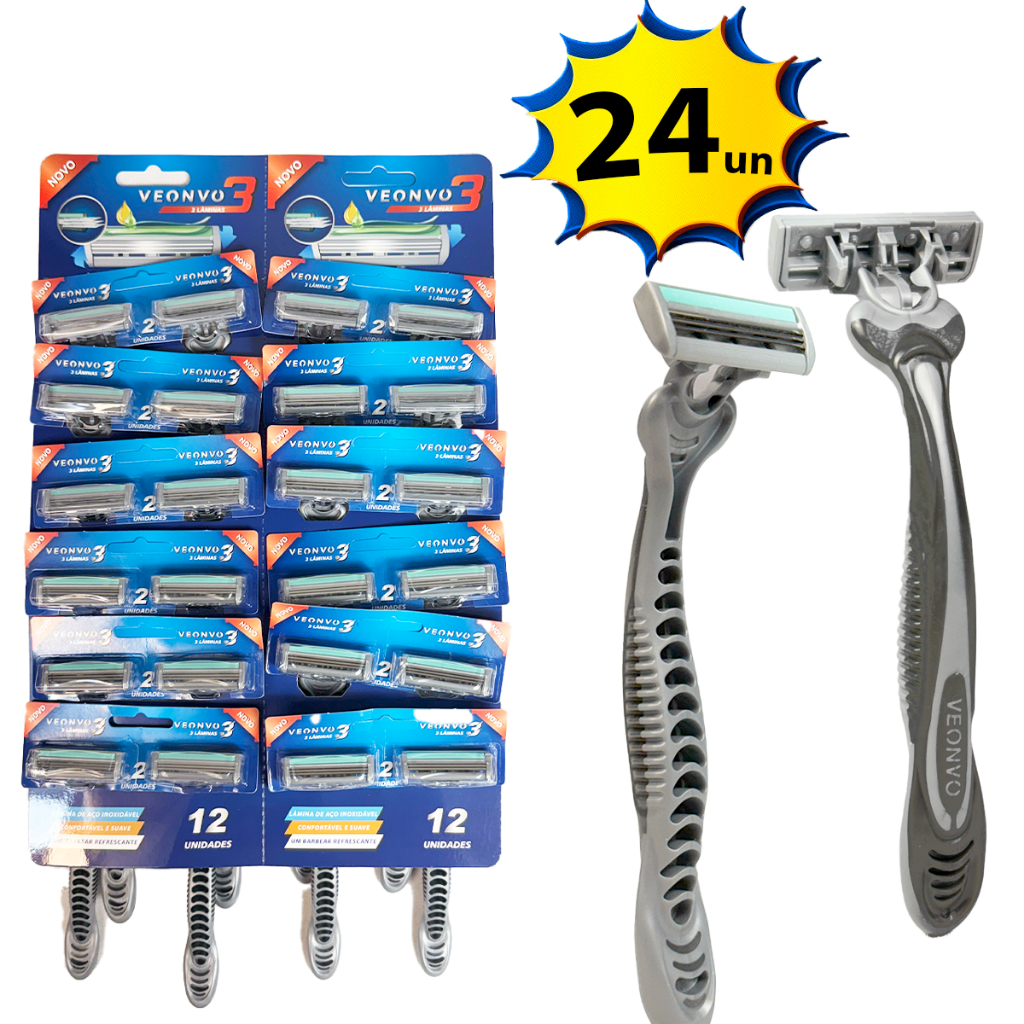 Barbeador Descartável com 3 Lâminas Veonvo VN004  Cartela Econômica com 12 ou 24 Unidades