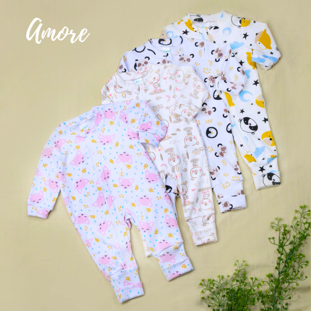 Roupa Bebê Macacão Amore Vira Pé Estampado com Zíper Menina Menino Confortável 100% Algodão