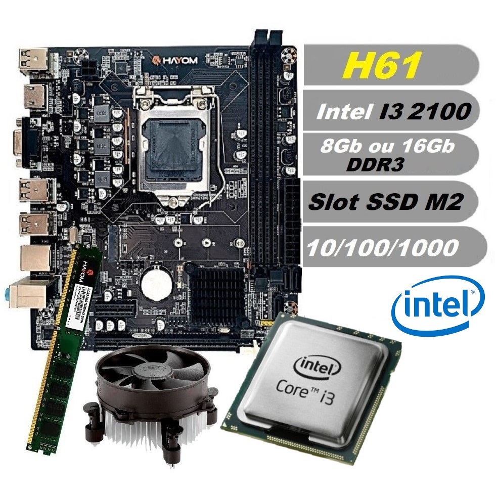 Kit UPGrade i3-2100 Memória 8GB ou 16GB DDR3 Placa Mãe H61 Slot SSD M2 gamer lga 1155
