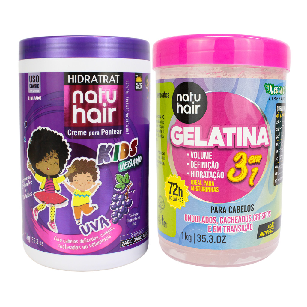 Kit Creme para Pentear Uva + Gelatina modeladora de cachos 3 em 1 Natuhair 1 KG
