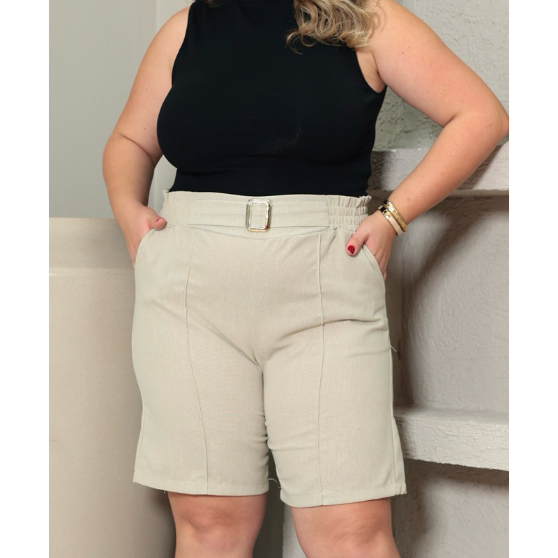 shorts Feminino Elástico Plus Size com fivela Confortável Cintura Alta Social Tendência G1 G2 G3