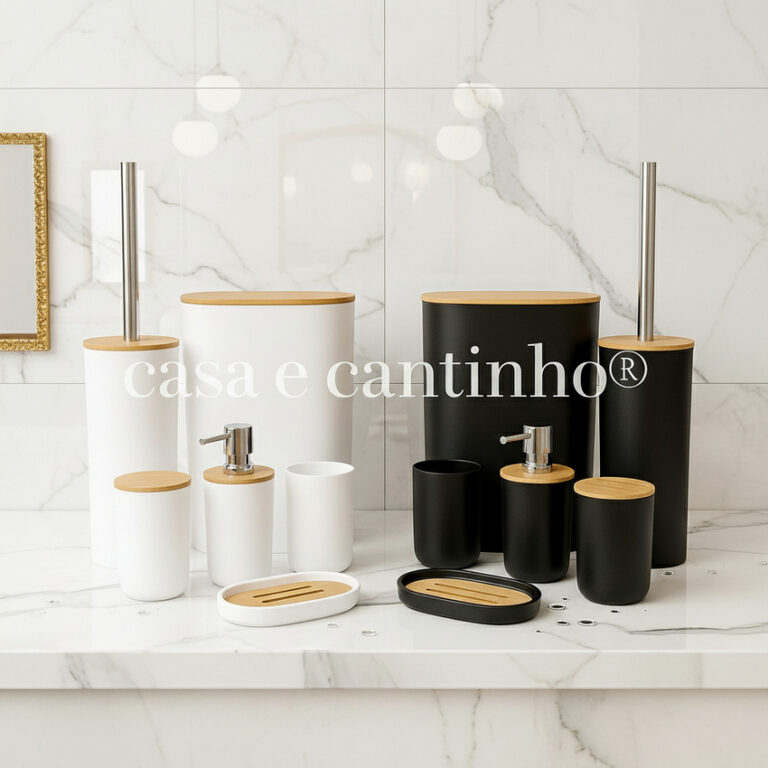 Kit Banheiro de Bambu e Plástico Conjunto Com Lix