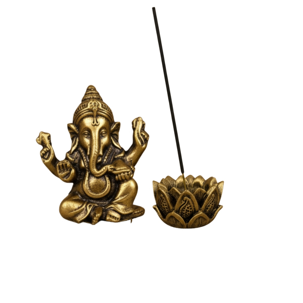 Kit Buda Criança Incensario Varreta Flor De Lótus Ganesha Tibeno Bastet