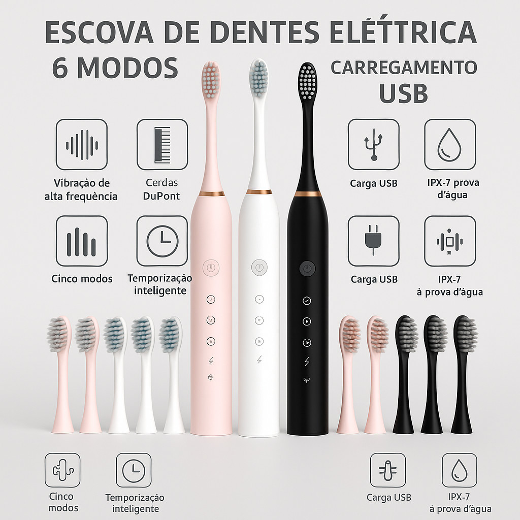 Kit Escova Dental Elétrica Sônica Recarregável IPX7 à Prova dÁgua c/ 2 Cabeças Substituíveis