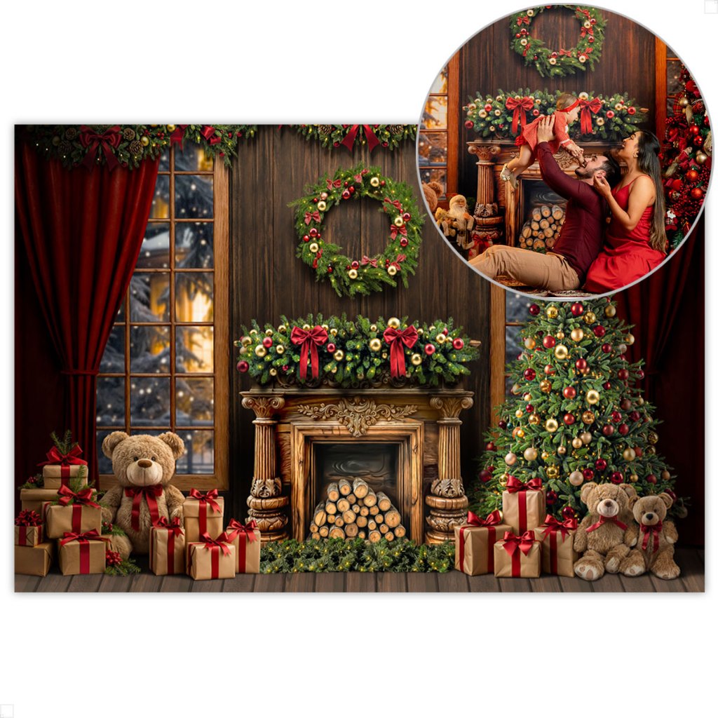 Painel de Natal Decoração Fundo Fotográfico Cenário Ursinhos para Fotos Em Tecido Sublimado