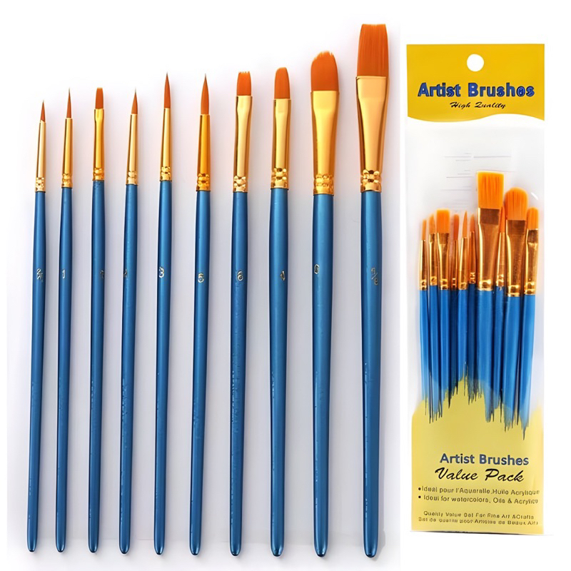 Kit com 10 Pincéis artísticos para pintura cerdas macias – Aquarela, Guache, Óleo, Acrílica, Artesan