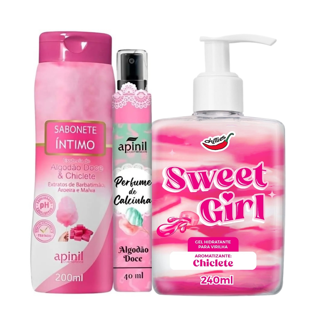 KIT SWEET GIRL Gel Beijável Hidratante Para Virilha + Sabonete Líquido + Perfume de Calcinha