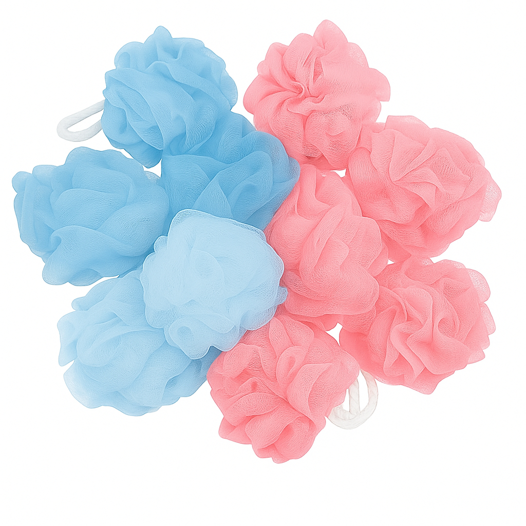 Bucha de Banho Esfoliante em Nylon Rosas e azul 50 unidades  Macia e Colorida Cha Revelação
