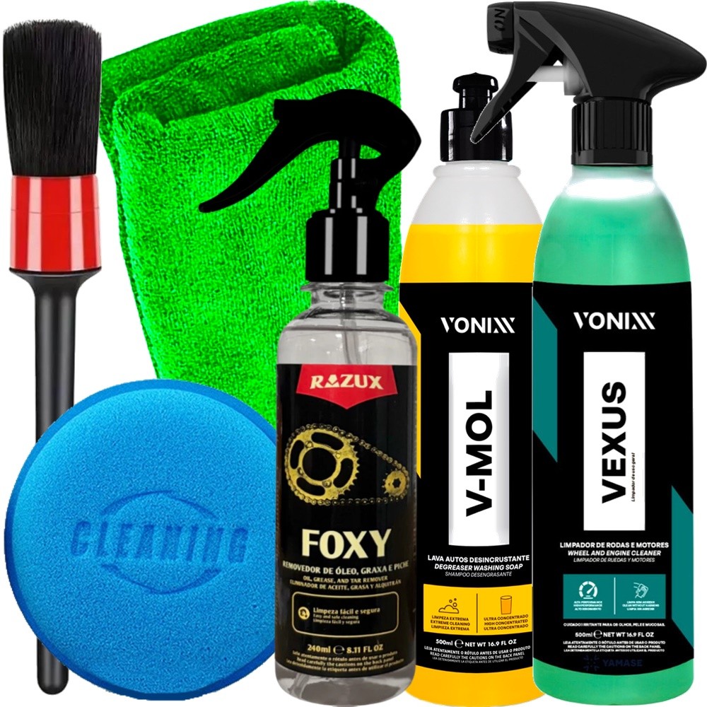 Kit Foxy Razux Limpa Corrente + Vexus Limpa Motor e Rodas + V-Mol Shampoo Limpeza Pesada e Acessório