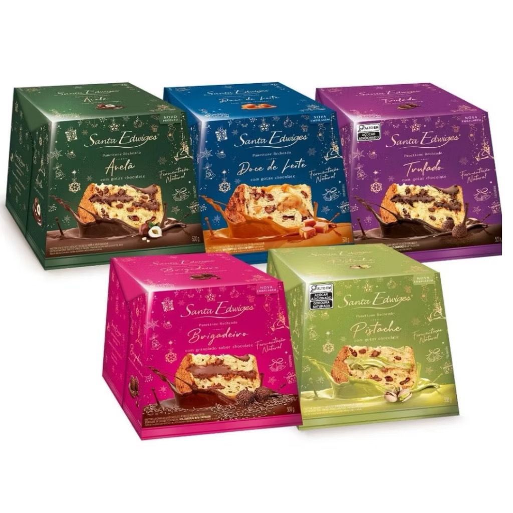 Panetone Recheado Premium Santa Edwiges 500g Panetone Gotas Creme Avelã Doce de Leite Brigadeiro Pis
