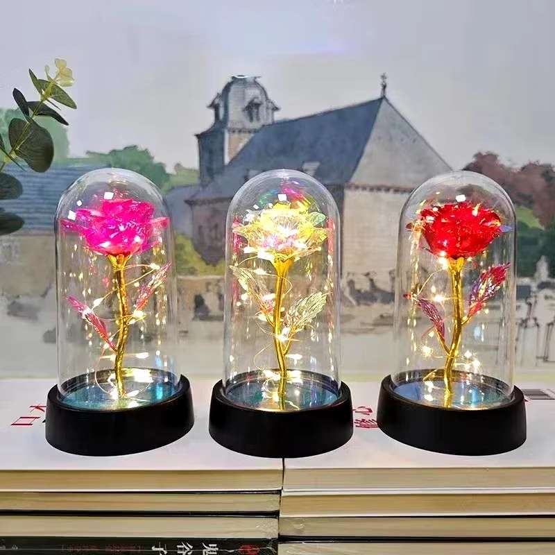 Rosa Encantada com Luz LED  Flor Eterna Decorativa em Cúpula de Acrílico