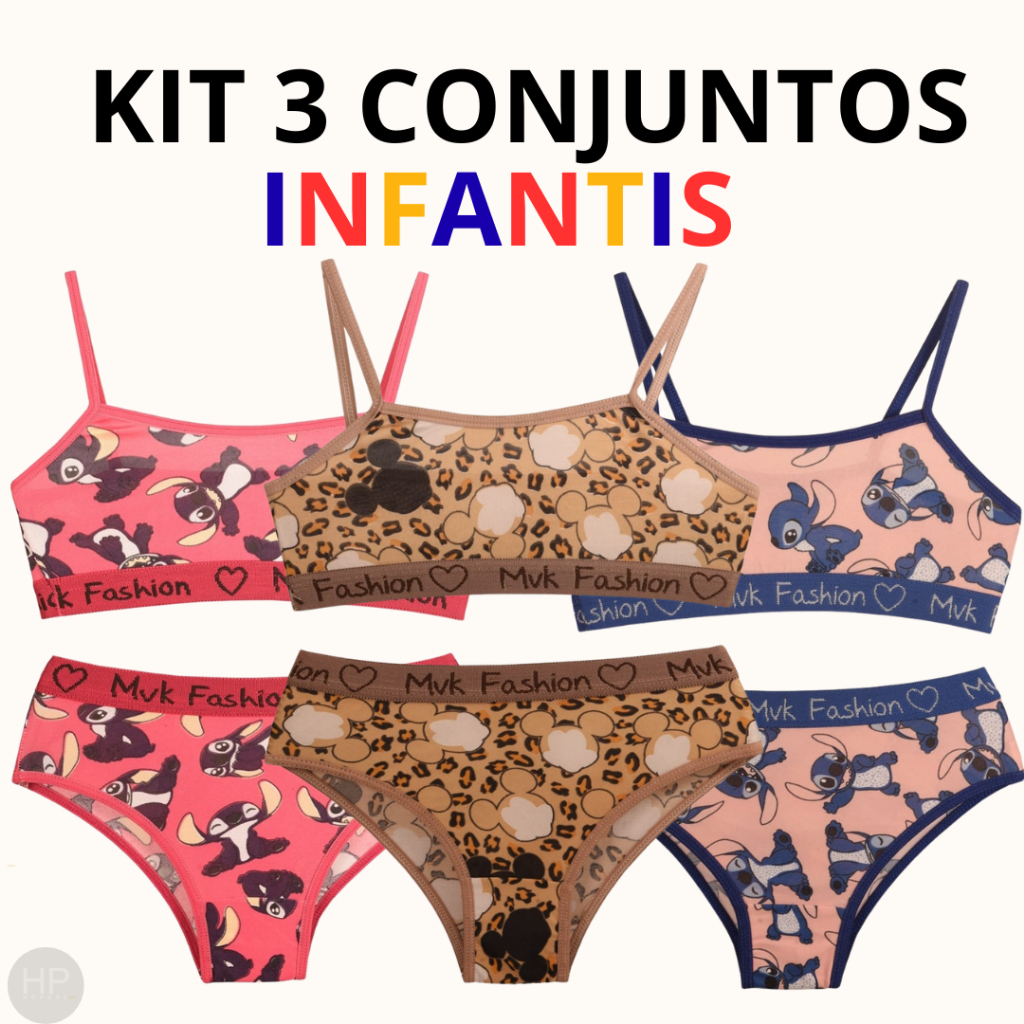 Kit 1/3 Conjuntos Calcinha e Sutiã Infantil Microfibra Elástica Estampado