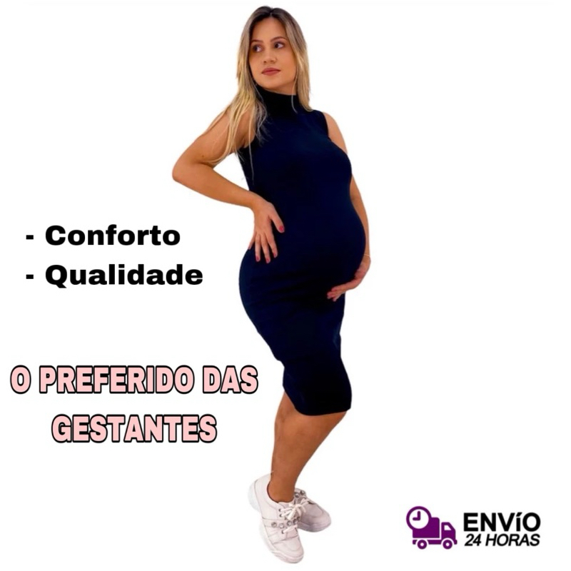 Vestido Feminino Midi Canelado Ribana Gola Alta  Para Gestantes Grávidas do P ao GG Preço Promociona