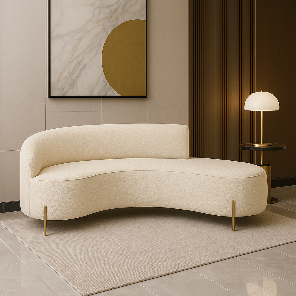 Sofá 4 Lugares Orgânico Morgan Linho 220cm Curvo Design Moderno Premium Sala Estar Pés Ferro Dourado