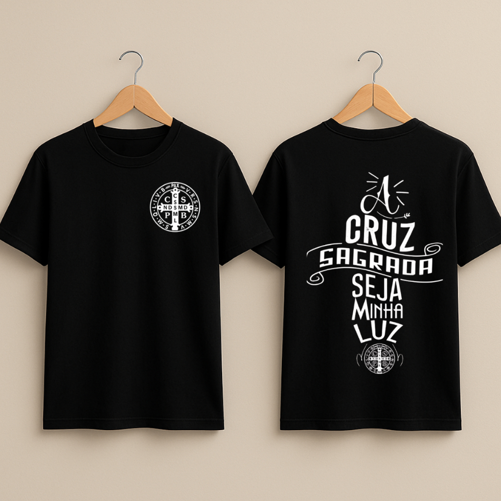 Camiseta camisa catolica estampada a cruz sagrada seja minha luz São Bento- DTF UNISSEX