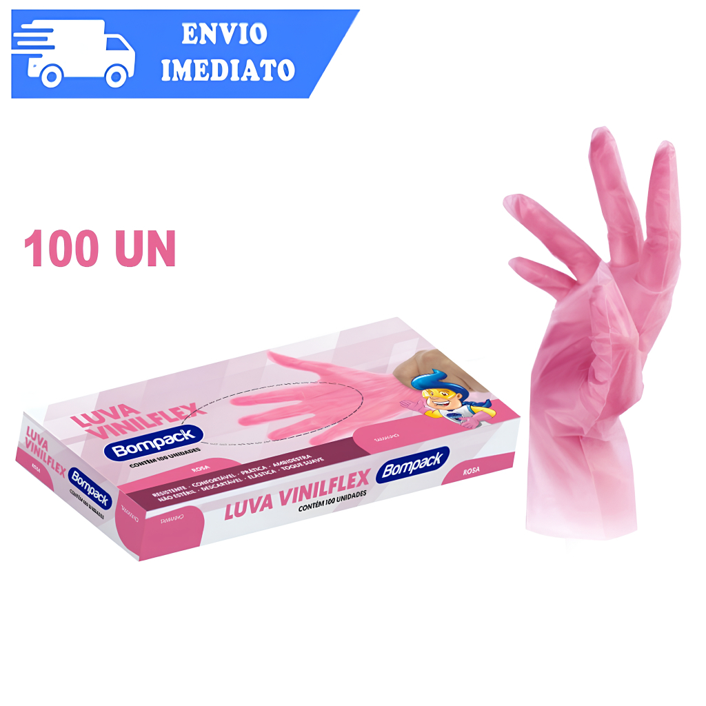 LUVA ROSA DESCARTÁVEL VINILFLEX SEM PÓ BOMPACK – C/100