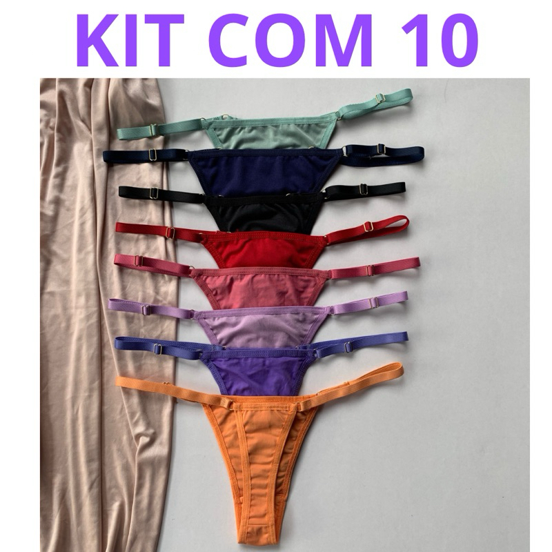 Kit com 10 Calcinhas Fio Dental com Alças Reguláveis em Microfibra Lingerie Feminina