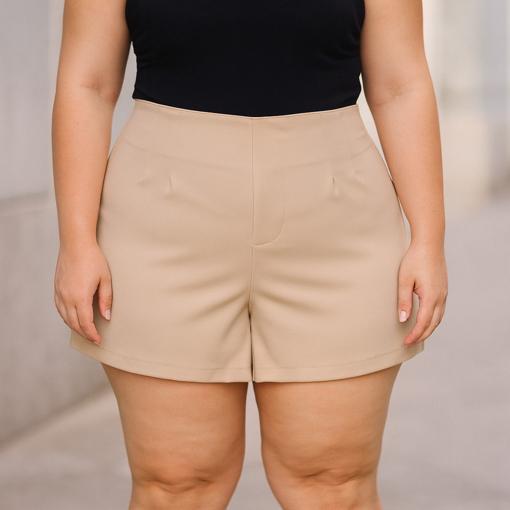 Short Alfaiataria Feminino Plus Size Extra Com Elastano Zíper Na Lateral Tamanho Grande Cintura alta