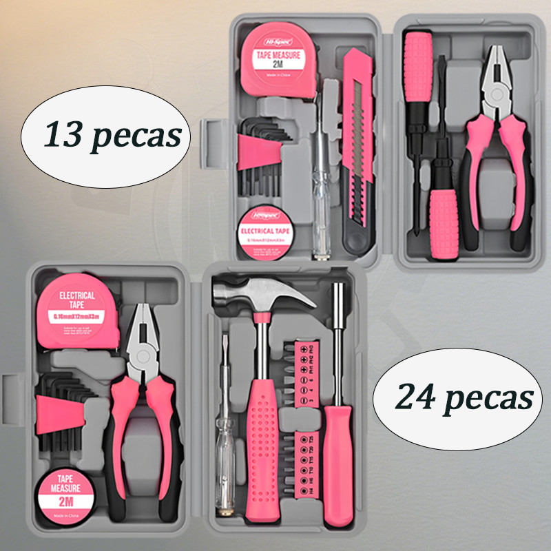 Kit de Ferramentas Rosa  (13pcs E 24pcs) – Perfeito para Reparos Domésticos e DIY